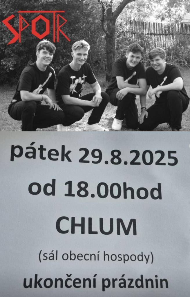 Obec Chlum a skupina SPOTR srdečně zve všechny pátek od 18h do obecního sálu. Nová sestava, nové písně