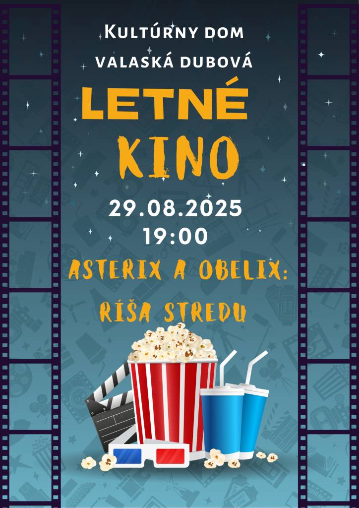 Pozývame všetkých na letné kino 29.08.2025 o 19.00 hod v sále KD. Premietať sa bude rodinná komédia Asterix a Obelix: Ríša stredu