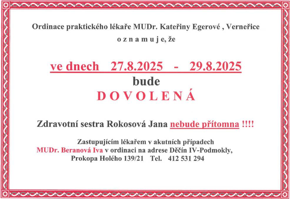Oznámení o uzavření ordinace praktického lékaře ve Verneřicích.