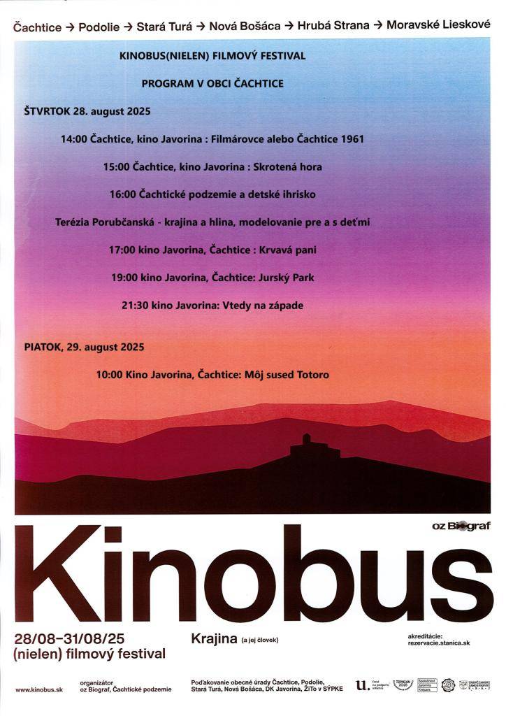 Pozývame milovníkov filmu všetkých generácií na (nielen) filmový festival Kinobus, ktorý sa bude konať vo štvrtok 28. augusta a v piatok 29. augusta 2025 v kine Javorina v obci Čachtice. Tešiť sa môžete na filmy Filmarovce alebo Čachtice 1961, Skrotená hora, Krvavá pani, Vtedy na západe, Jurský Par