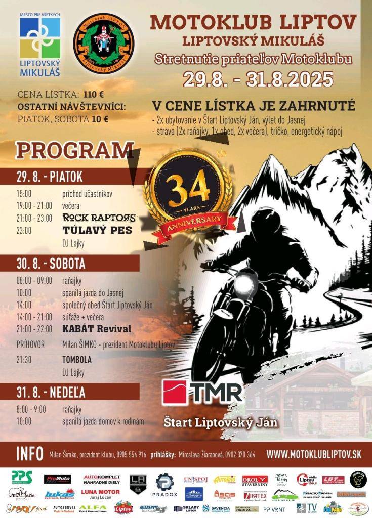 Kultúrne centrum Liptovský Ján pozýva na Stretnutie priateľov Motoklubu Liptov, ktoré sa uskutoční v dňoch od 29.8.2025 do 31.8.2025.   Viac info v plagáte.