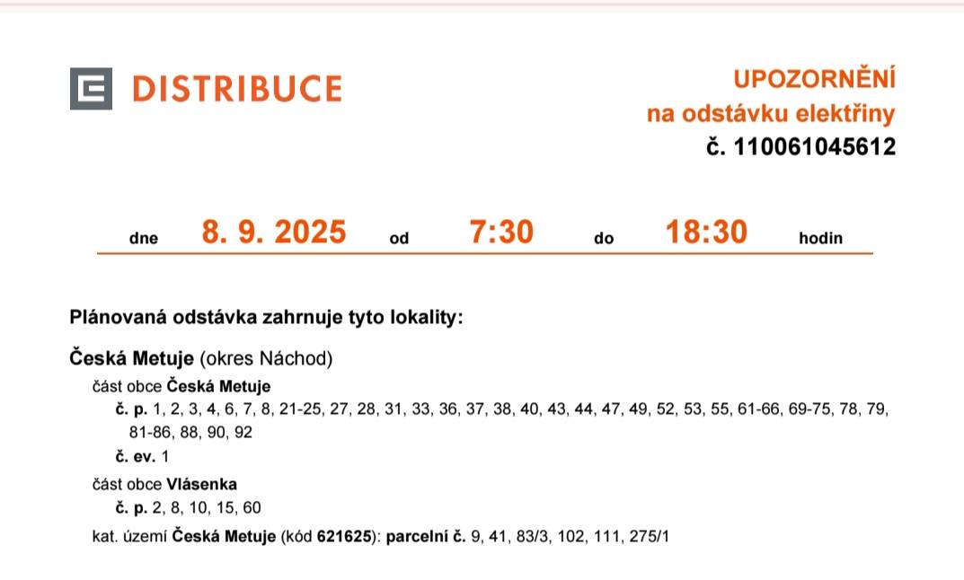 Upozorňujeme občany na odstávku elektrické energie dne 8.9.2025 od 7.30 do 18.30 na uvedených číslech popisných.