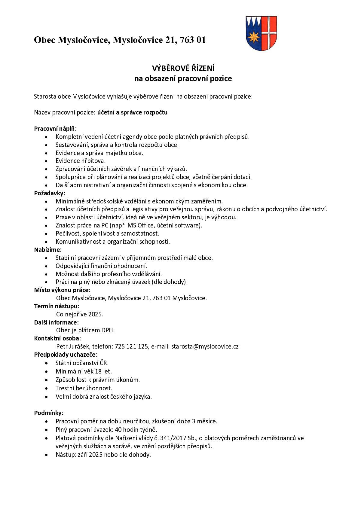Pro případné zájemce o místo účetní v Mysločovicích