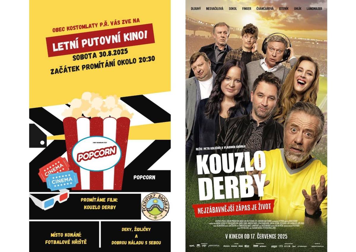 Obec Kostomlaty pod Řípem ve spolupráci s TJ Podřipan pořádá v sobotu 30.8.2025 od 20:30 - 21:00 (dle tmy) promítání českého filmu: KOUZLO DERBY.