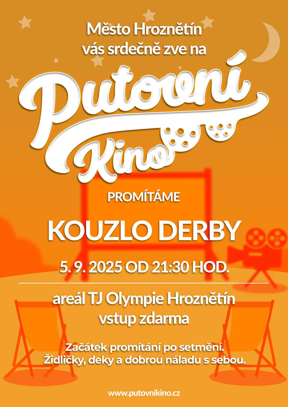 Pozvánka na Putovní kino 5.9.2025 od 21:15 hodin areál fotbalového hřiště promítáme českou komedii - KOUZLO DERBY