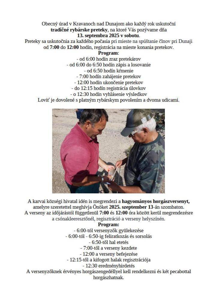 Tradičné rybárske preteky v Kravanoch nad Dunajom sa uskutočnia dňa 13. septembra 2025 v sobotu  Hagyományos horgászverseny kerül megrendezésre 2025. szeptember 13-án szombato