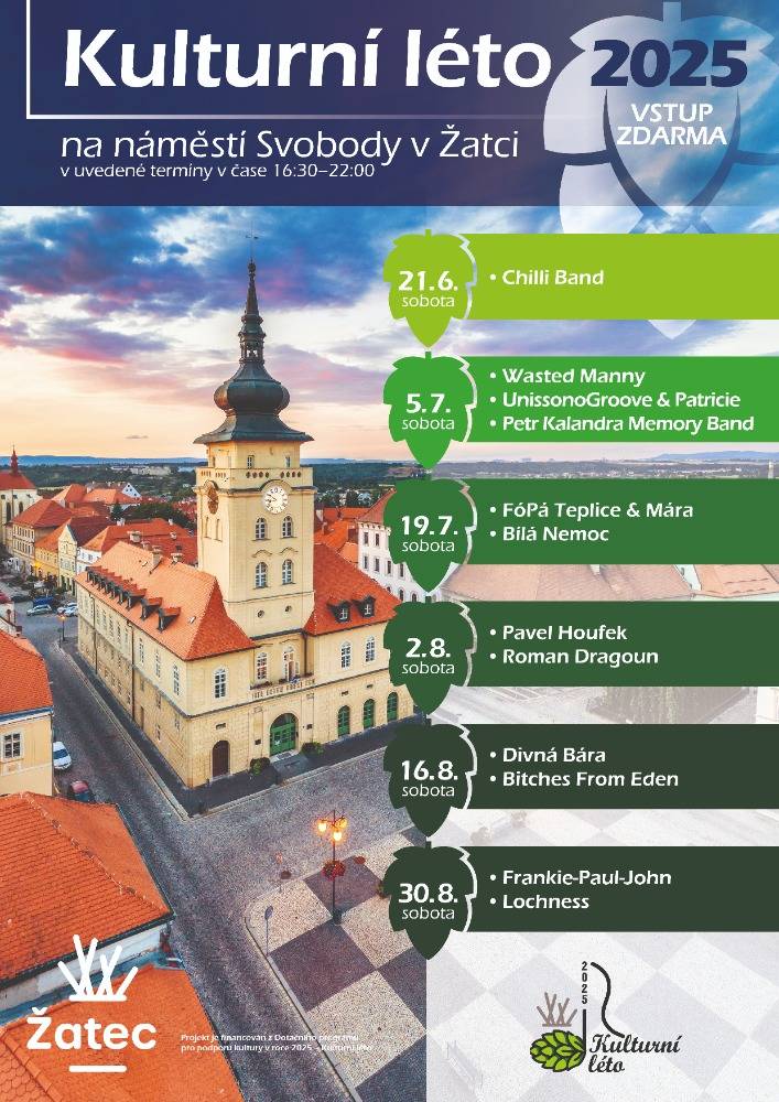 Přijďte si užít Kulturní léto na náměstí Svobody v Žatci! Každou druhou sobotu od 21. června do 30. srpna se můžete těšit na živé vystoupení různých hudebních kapel od 16:30 do 22:00.