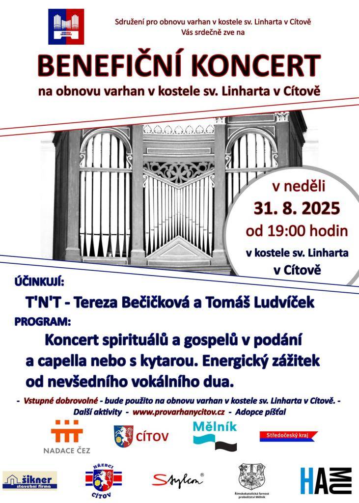 Sdružení pro obnovu varhan v kostele sv. Linharta v Cítově Vás zve na benefiční koncert, který se uskuteční v neděli 31. srpna 2025 od 19 hodin v kostele sv. Linharta v Cítově.
