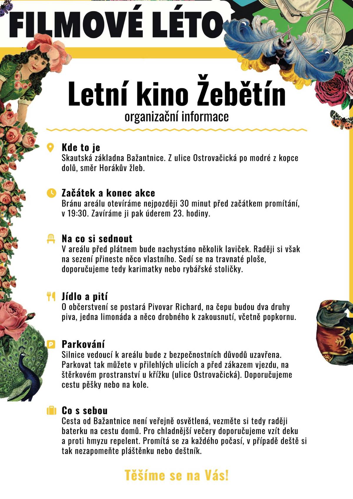 Už tento pátek 29. 8. se otevřou brány bažantnice a čekají nás 4 filmové večery od 20:00 hod. ★ Páteční večer bude (ne)jen pro děti. A protože se jim blíží škola, tak jaké je lepší zakončení prázdnin než v letním kině u filmu Já, Padouch 4. Navíc na vás čeká nejedno překvapení. Mimoni totiž obsadí celou bažantnici, a kdo přijde, může si domů odnést vlastního mimoně Davea nebo Stuarta. Hodnocení dle ČSFD: 63 % ★ Na programu v sobotu 30. 8. bude nejnavštěvovanější film roku 2024 – Vlny s počtem diváků 885 767. Film ukáže napínavé a doposud utajené příběhy novinářů Československého rozhlasu. Součástí jsou i autentické záběry ze srpna 1968, obarvené pomocí AI. Režie: Jiří Mádl. Hodnocení dle ČSFD: 86 % ★ Neděle 31. 8. bude patřit dobrodružnému dramatu Nezlomní. Na 700km trati vznikne mezi Michaelem a toulavým psem Arthurem silné pouto. Film je inspirován skutečnými událostmi závodníka Mikaela Lindnorda (Mark Wahlberg). Hodnocení dle ČSFD: 73 % ★ Poslední promítací večer, pondělí 1. 9., bude patřit komedii Sladký život. Volně inspirován Fellinim, ale s úplně jiným příběhem. Producent: Tomáš Hoffman (Ženy v běhu, Účastníci zájezdu, Ženy v pokušení…). Hodnocení dle ČSFD: 56 % 📌 Veškeré provozní informace naleznete v přiloženém letáku! Těšíme se na vás! 🎥 FB událost