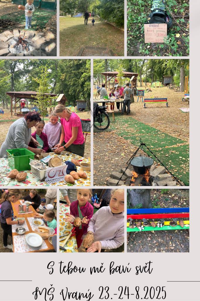 Ve dnech 23.8.-24-8.2025 proběhla zážitková akce napříč generacemi na naší školkové zahradě. Společné vaření polévky, vyrábění ze dřeva, soutěže a šipkovaná nás velice bavilo. Počasí nám příliš nepřálo, ale i tak jsme si to velice užili.