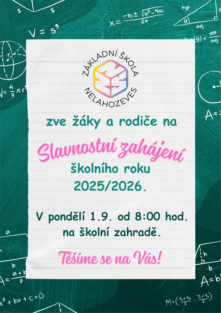 Zveme všechny žáky a rodiče na slavnostní zahájení nového školního roku, které se uskuteční v pondělí 1. září od 8:00 na školní zahradě. Přijďte s námi společně přivítat nový školní rok! ????