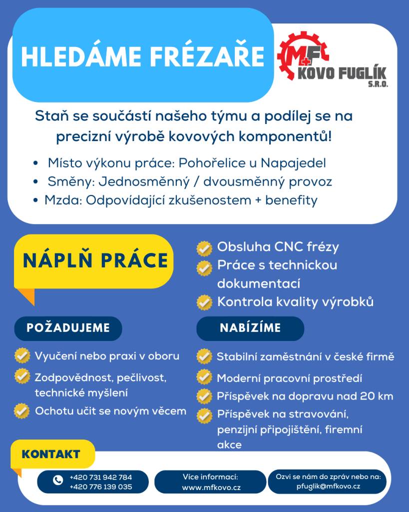 Firma M+F KOVO FUGLÍK s.r.o. hledá soustružníka a frézaře.   Více informací v příloze.