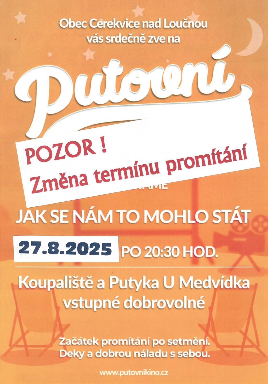 Upozorňujeme na nový termín putovního kina - středa 27.8.2025