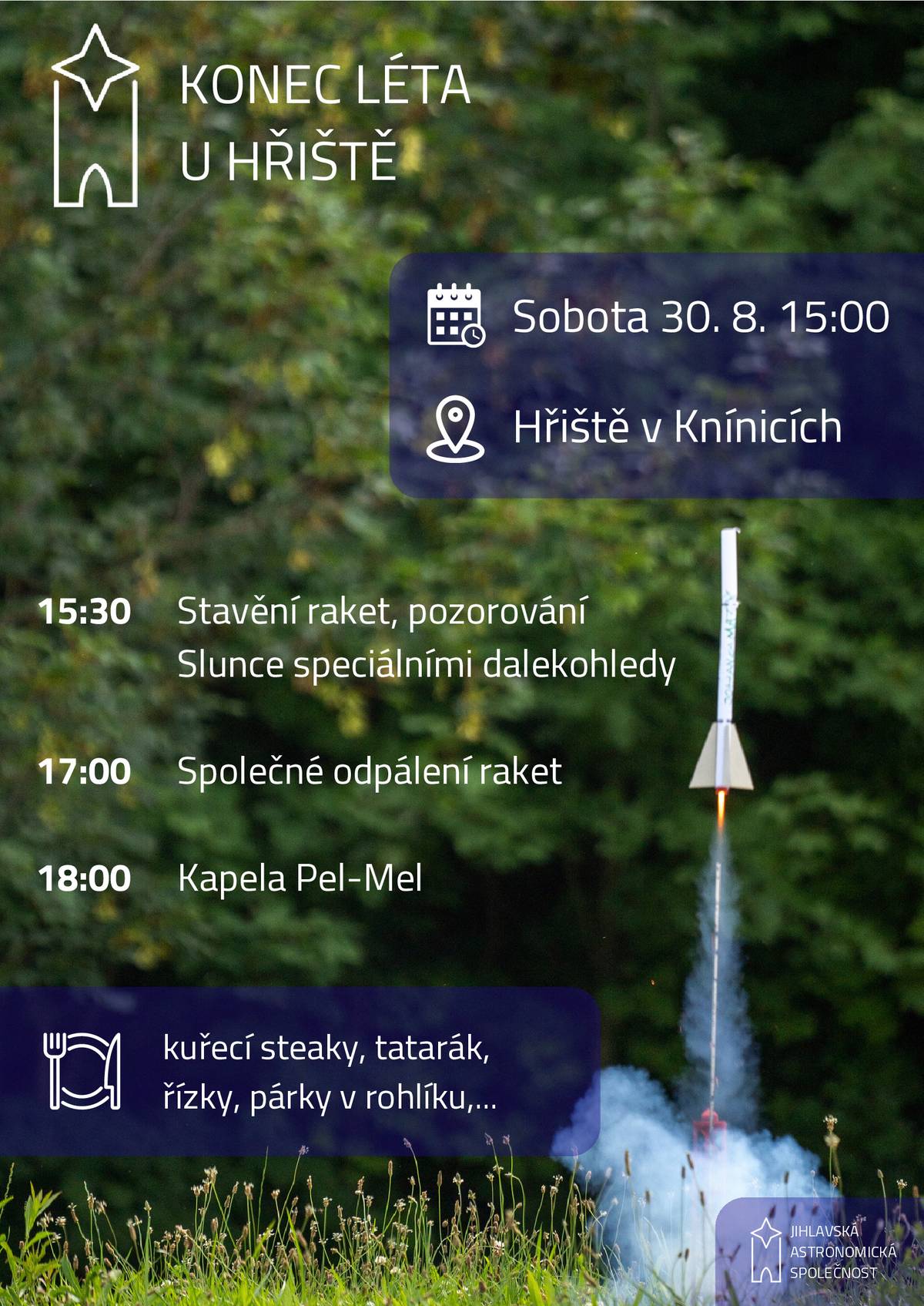 Akce Hvězdy v hospůdce Knínice se koná v  sobotu 30.8. v 15 hodin na hřišti v Knínicích. Čeká Vás stavění a odpálení raket, kapela PEL-MEL, občerstvení....