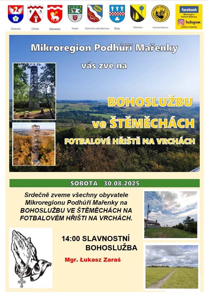 Mikroregion Podhůří Mařenky opět po roce uspořádá venkovní bohoslužbu, tentokrát v naší obci. Termín je daný z loňského roku, poslední víkend v srpnu, a to v sobotu 30.8.2025 ve 14:00.