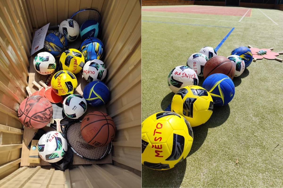 Město Olešnice nechalo doplnit míče a pingpongové pálky s míčky do bedny na atletickém areálu.
