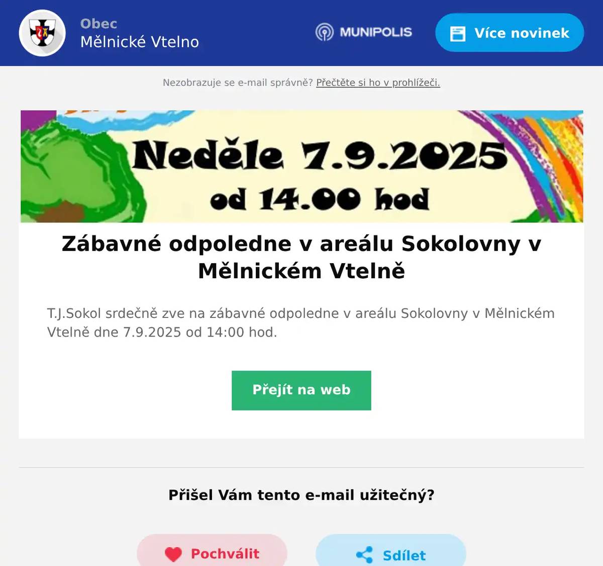T.J.Sokol srdečně zve na zábavné odpoledne v areálu Sokolovny v Mělnickém Vtelně dne 7.9.2025 od 14:00 hod.