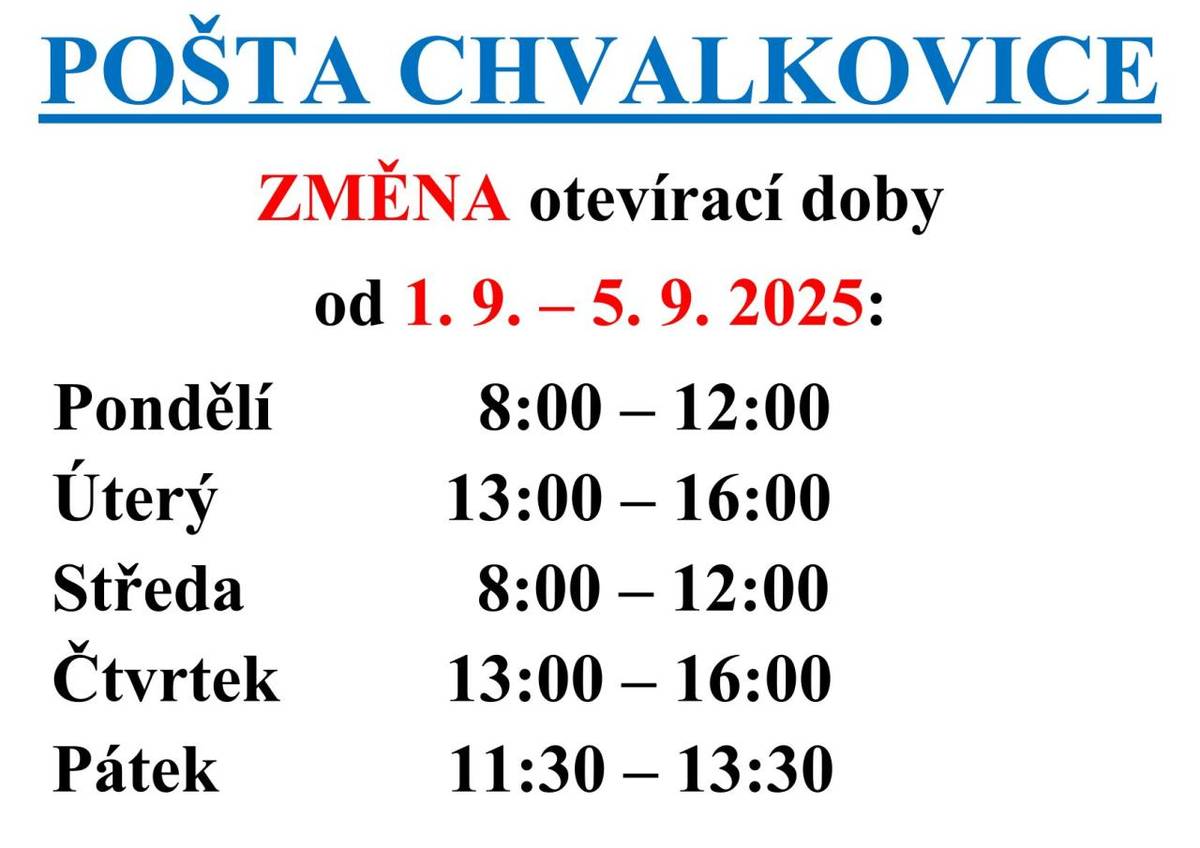 POŠTA - změna otevírací doby od 1.9. - 5.9.2025