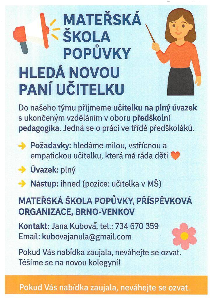 Mateřská škola Popůvky hledá novou paní učitelku