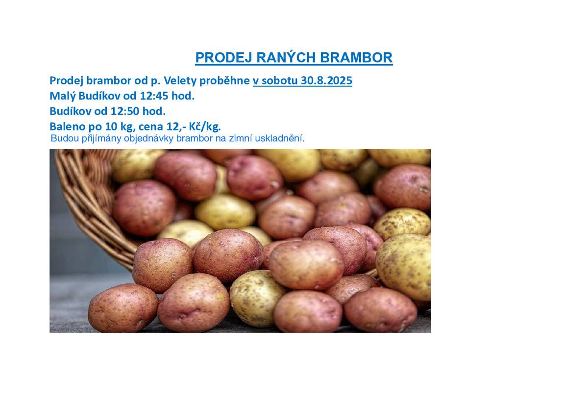Prodej brambor proběhne v sobotu 30.8.2025. Malý Budíkov 12:45, Budíkov 12:50. Budou přijímány objednávky brambor na zimní uskladnění. Starosta