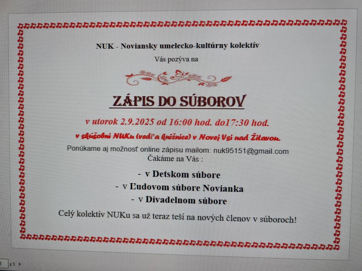 V utorok 2.9.2025 sa uskutoční zápis do súborov NUK-u.