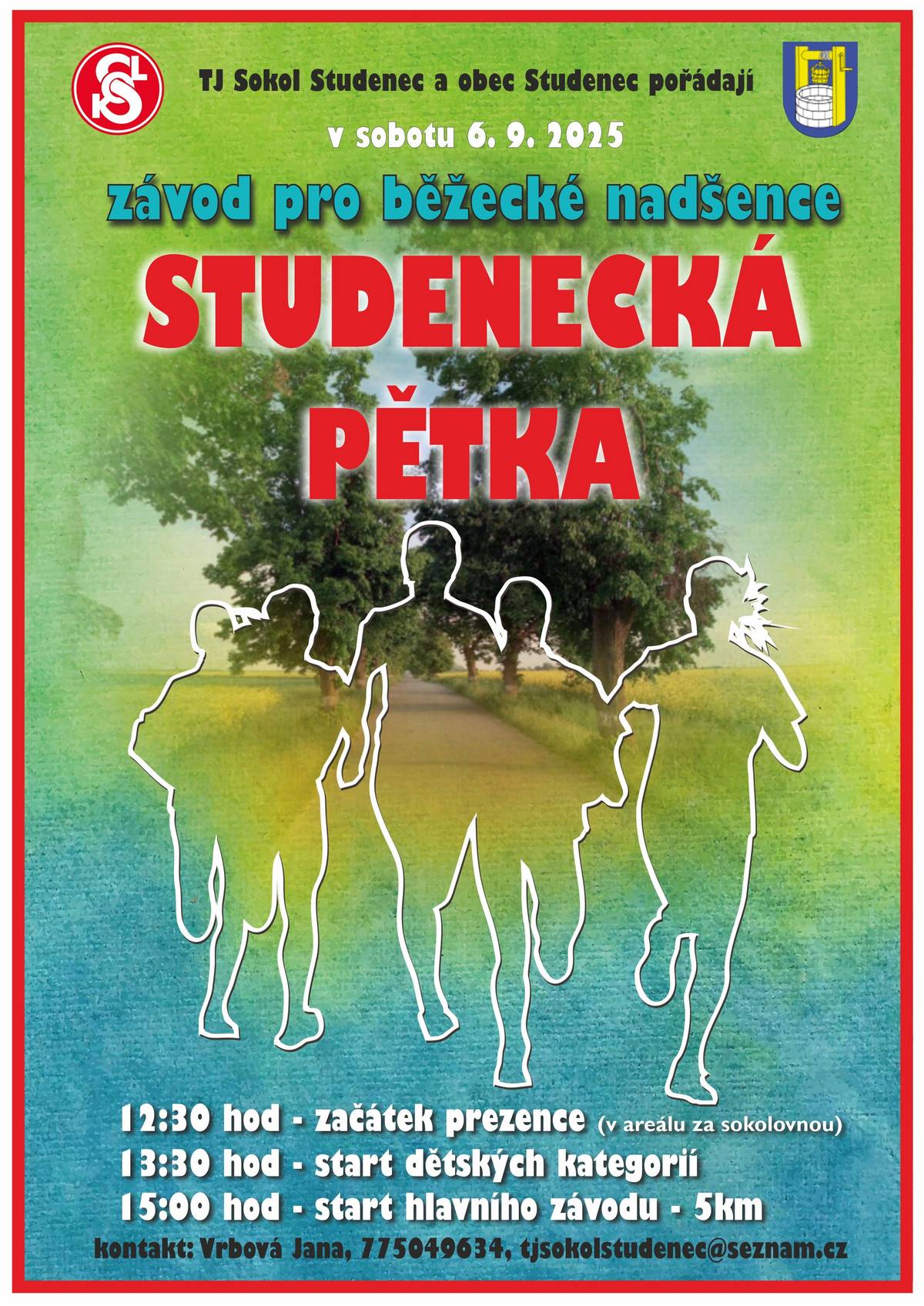 TJ Sokol Studenec a Obec Studenec zve všechny běžecké nadšence v sobotu 6.9. na 3. ročník závodu "Studenecká pětka". Začátek prezentace závodníků je ve 12:30. Start dětských kategorií je ve 13:30, start hlavního závodu pak v 15:00. Srdečně zvou pořadatelé.
