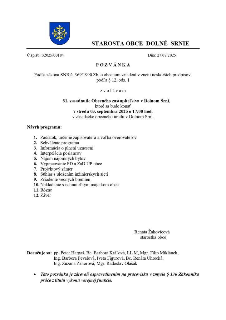 Pozvánka na 31. zasadnutie OZ dňa 3.9.2025 o 17:00 hod.