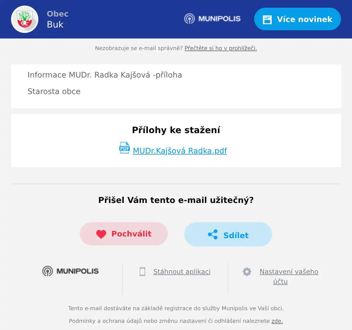 Informace MUDr. Radka Kajšová -příloha Starosta obce