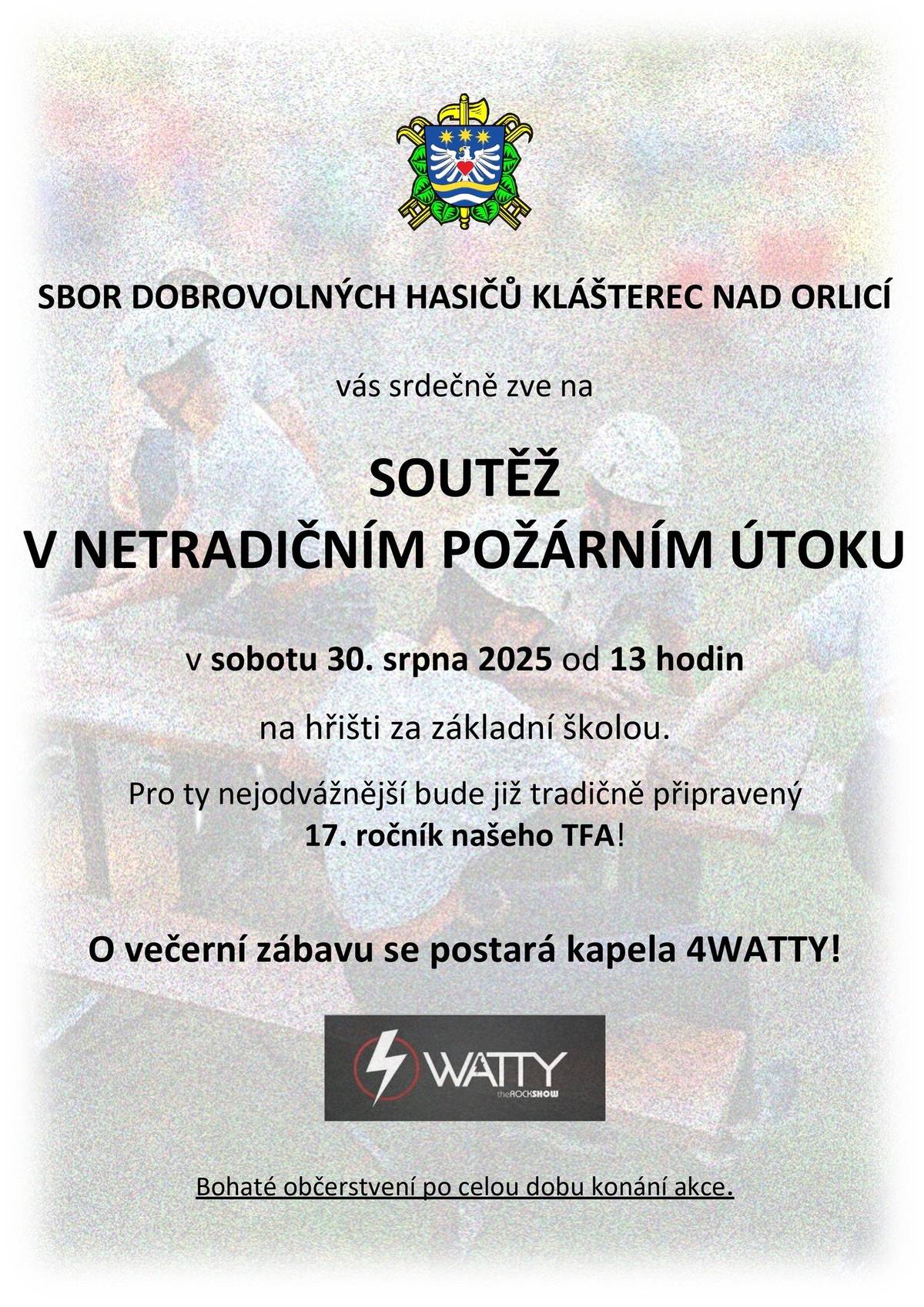 Hasiči SDH Klášterec nad Orlicí vás srdečně zvou na soutěž v požárním útoku, kterou tradičně pořádáme poslední prázdninovou sobotu, a to 30. 08. 2025 na hřišti za základní školou.