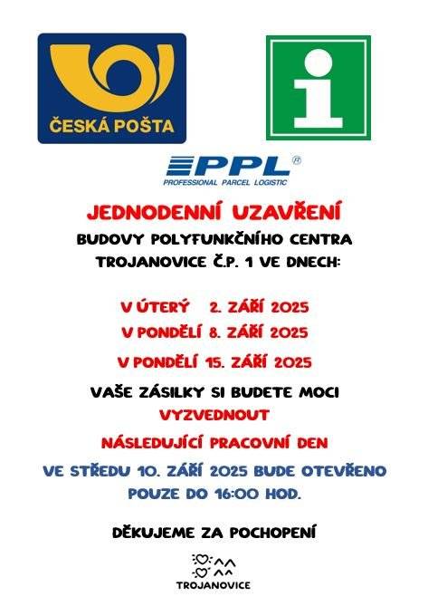 JEDNODENNÍ UZAVŘENÍ BUDOVY POLYFUNKČNÍHO CENTRA VE DNECH 2. ZÁŘÍ, 8. ZÁŘÍ A 15. ZÁŘÍ A ZKRÁCENÍ PROVOZU DNE 10. ZÁŘÍ 2025