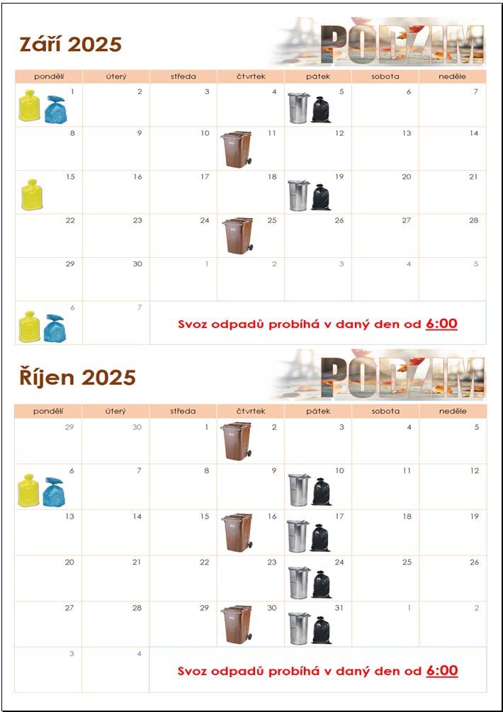 Kalendář svozu odpadů září/prosinec
