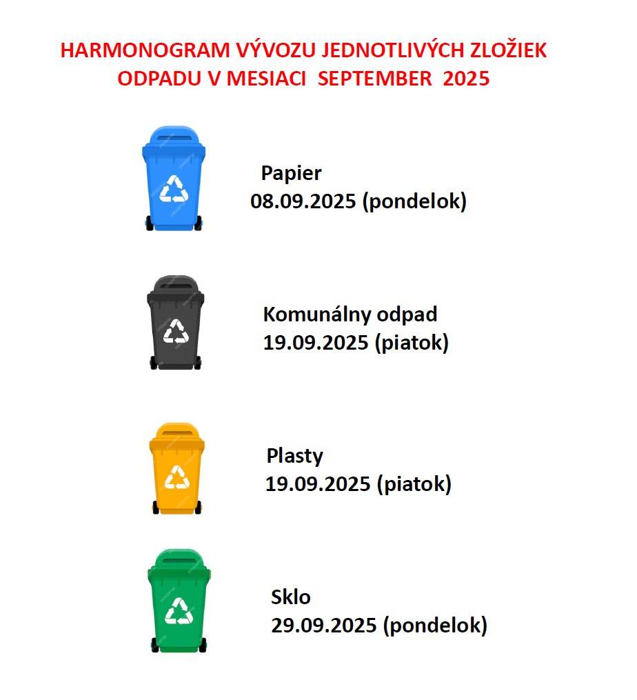 Zverejňujeme Harmonogram vývozu jednotlivých zložiek odpadu v mesiaci SEPTEMBER 2025:  - 08.09.2025 (pondelok)   Papier   - 19.09.2025 (piatok)     Komunálny odpad  - 19.09.2025 (piatok)     Plasty    - 29.09.2025 (pondelok)   Sklo
