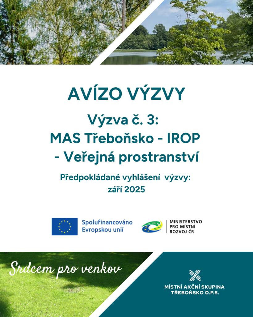 Připravujeme vyhlášení Výzvy č. 3: MAS Třeboňsko - IROP - Veřejná prostranství, která bude zaměřena na revitalizaci a obnovu veřejných prostranství. O podporu se budou moci ucházet obce, příspěvkové, státní organizace nebo církve.