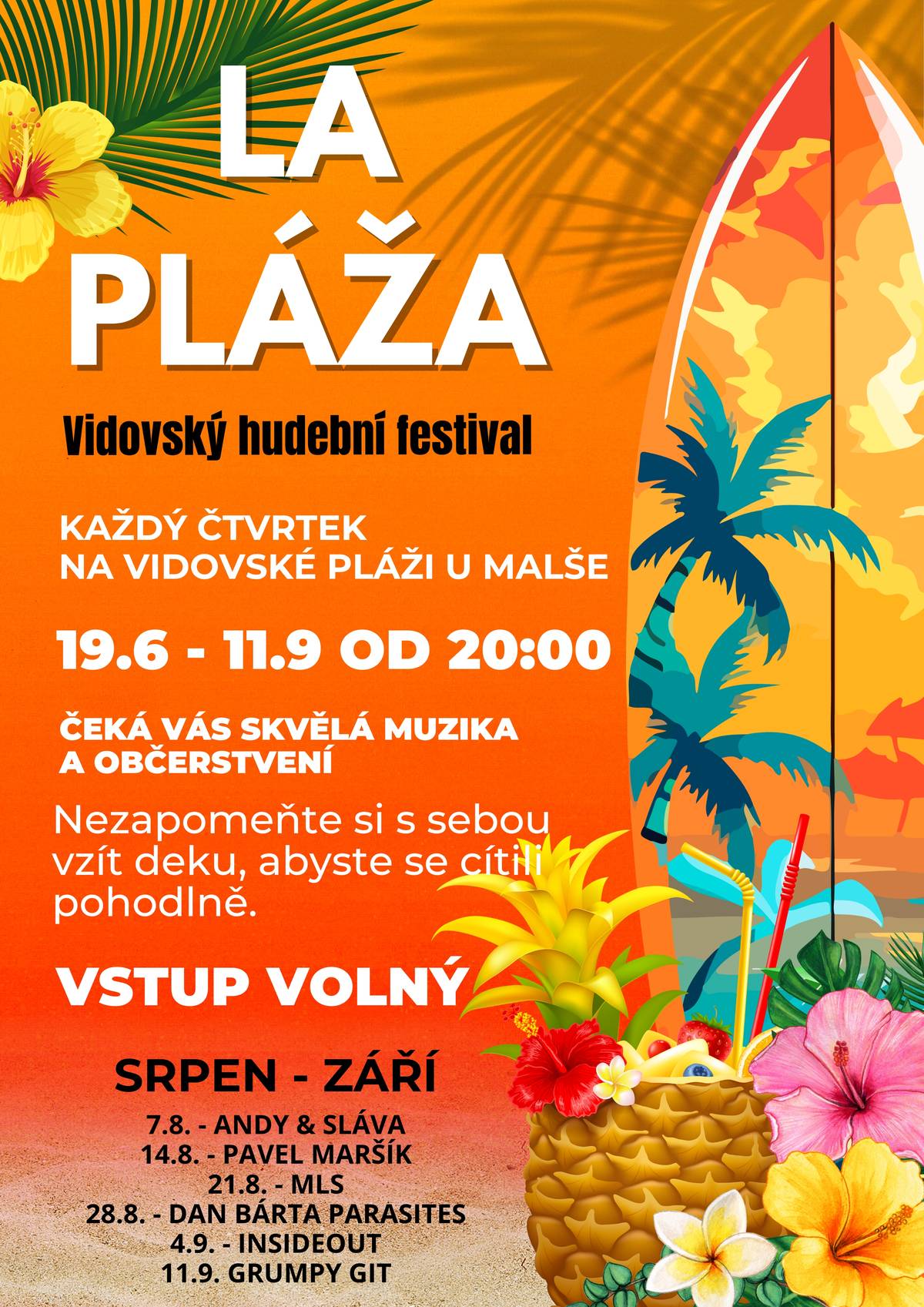 V rámci pilotního hudebního projektu La Pláža si můžete během léta od 19.6. až do 11.9. užít každý čtvrtek od 20:00 v příjemném prostředí na pláži u jezu  vystoupení živé kapely.  Každý čtvrtek, pokud počasí dovolí si můžete přijít poslechnout některou z oslovených kapel. Vstupné je dobrovolné, občerstvení po dobu vystoupení bude zajištěno. Deku a dobrou náladu s sebou :-), popřípadě i něco malého na opečení na ohni. Těšíme se na vás. Letos si můžete přijít poslechnout ještě tyto kapely:   4.9.      INSIDEOUT 11.9.    GRUMPY GIT