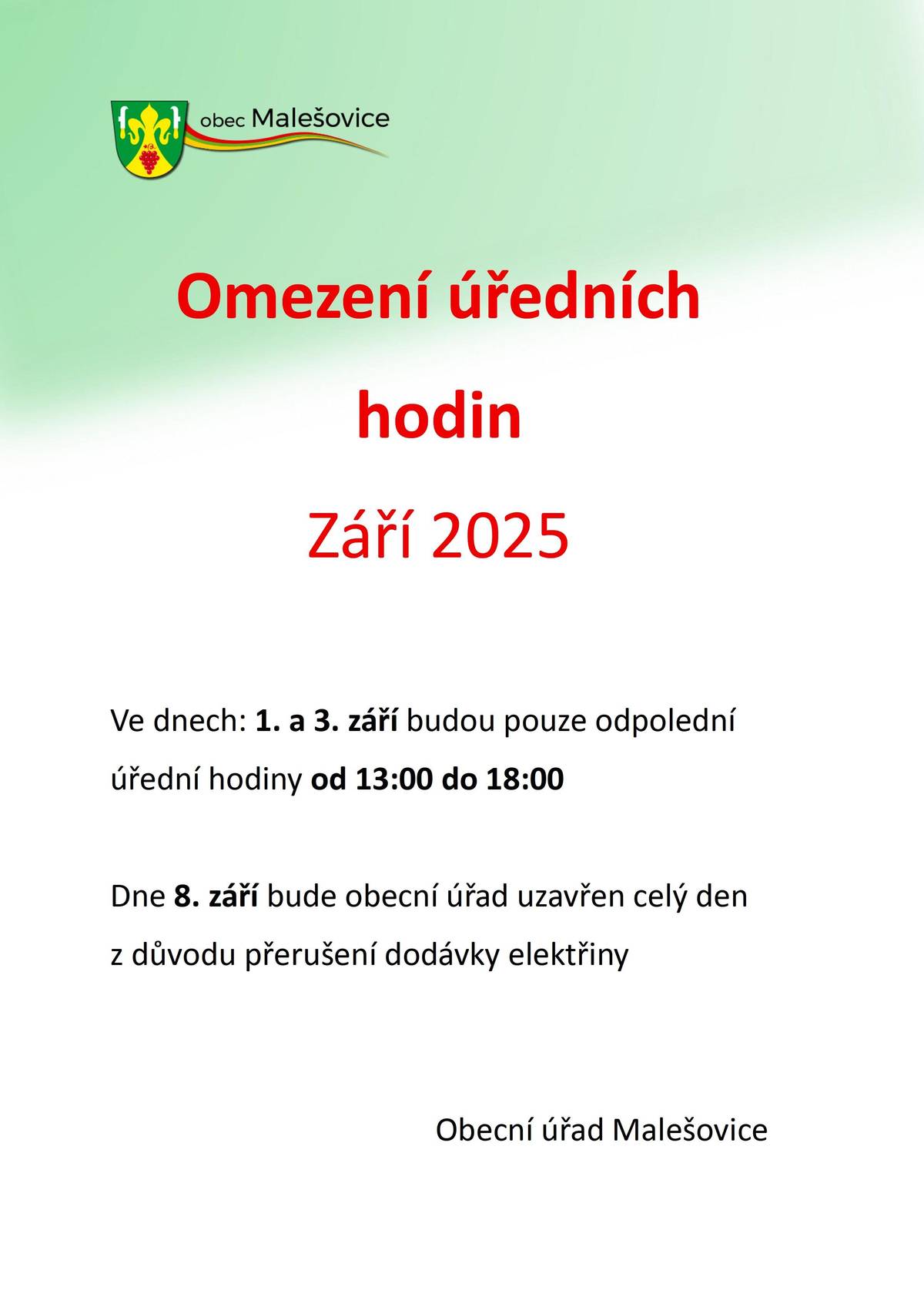 V září budou omezeny úřední hodiny následovně