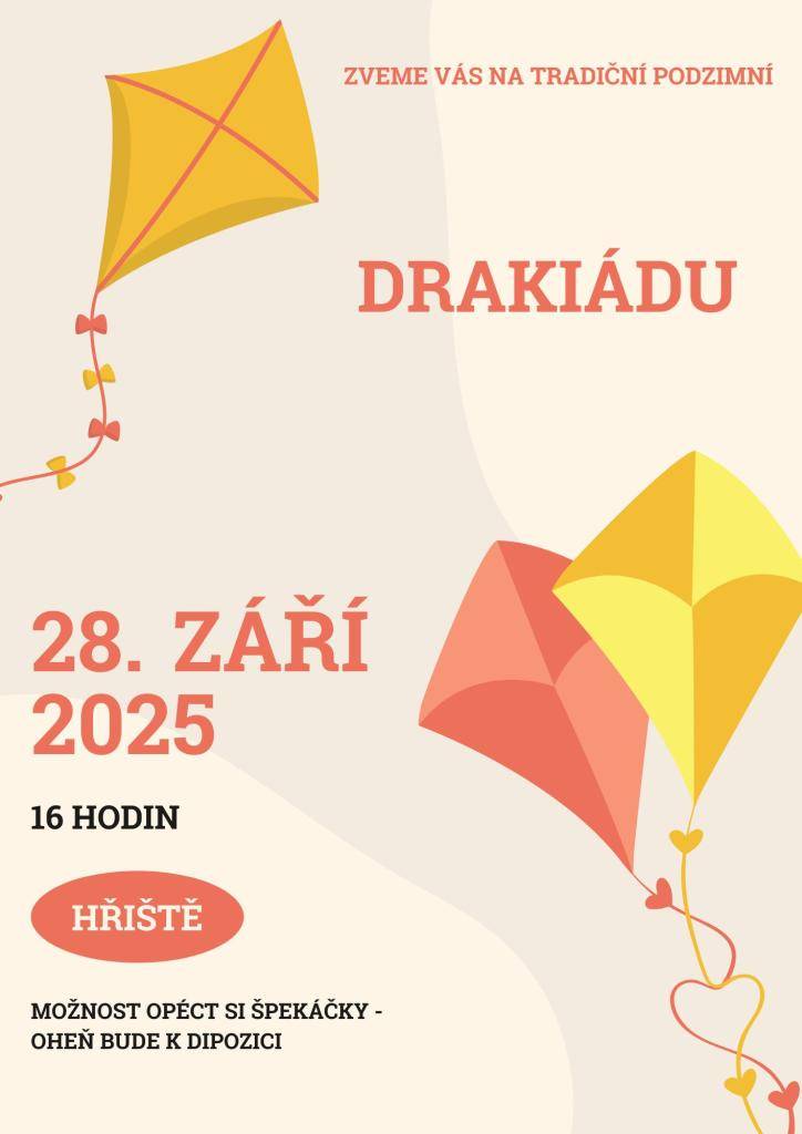 Tradiční podzimní drakiáda se uskuteční v neděli 28. 9. 2025 od 16 hodin na hřišti.