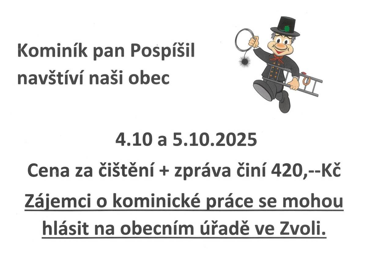 Kominík pan Pospíšil navštíví naši obec 4.10 a  5.10.2025