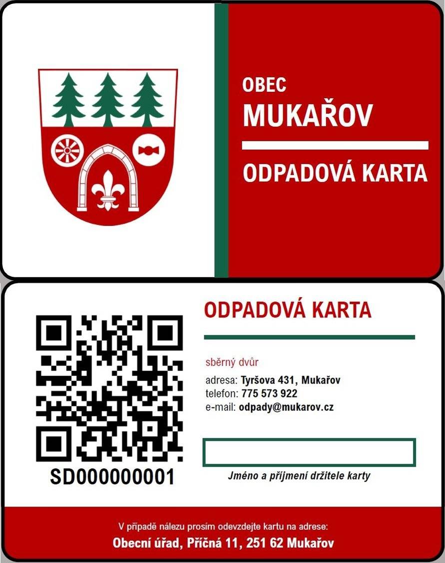 Vážení obyvatelé, připomínáme, že pro odevzdání odpadů ve sběrném dvoře v Mukařově od letošního jara potřebujete Odpadovou kartu. Tu vám vydáme na obecním úřadě, stačí kontaktovat telefonicky 608191049, 323660246 , emailem alena.kuliskova@mukarov.cz  či osobně v úředních hodinách paní Kulíškovou. Ta prověří, že máte uhrazeny poplatky za odpady a kartu vystaví. Při návštěvě sběrného dvora si kartu vyzvedenete u obsluhy, je třeba se prokázat občanským průkazem. Opatření je potřebné k evidenci odpadu na jednotlivé nemovitosti k vašemu účtu MESOH.