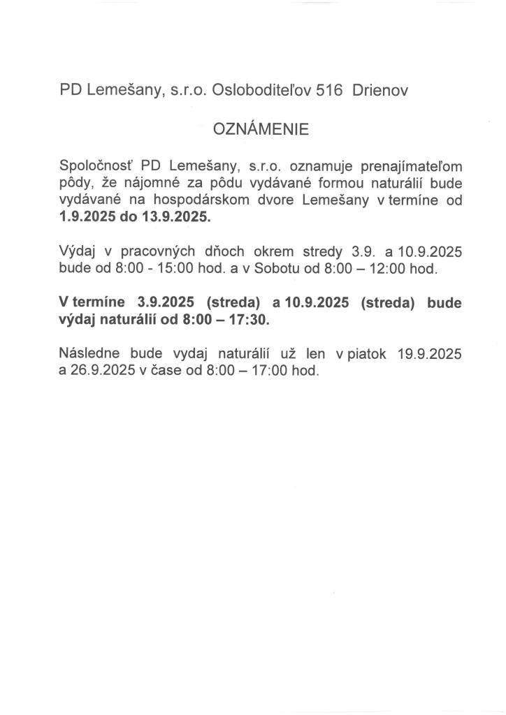 oznam PD Lemešany