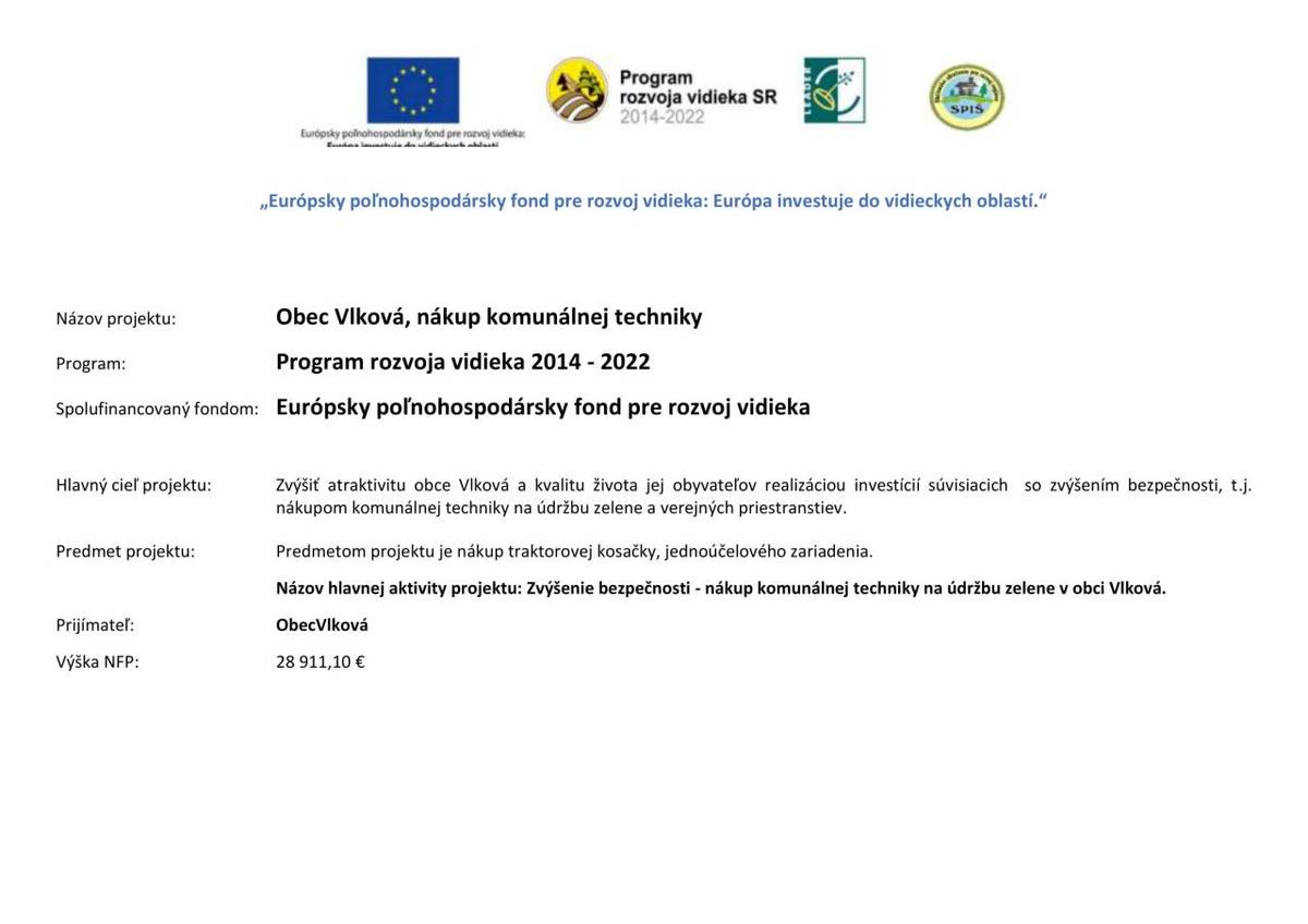 Názov projektu: Obec Vlková, nákup komunálnej techniky