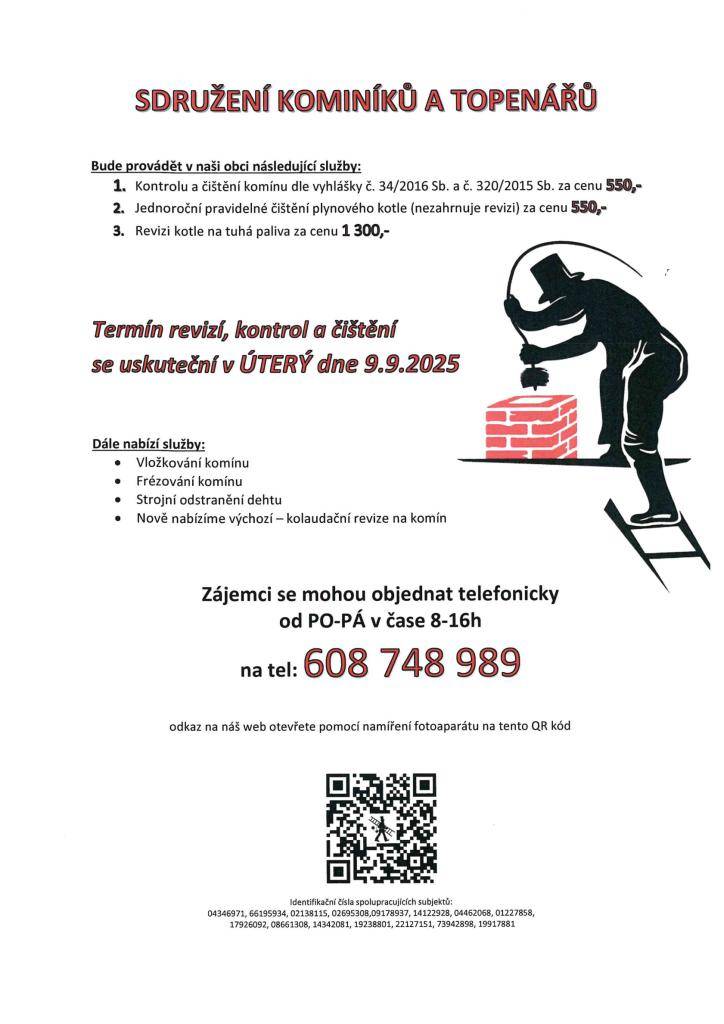 úterý 9. září, objednání služeb na tel. č. 608 748 989