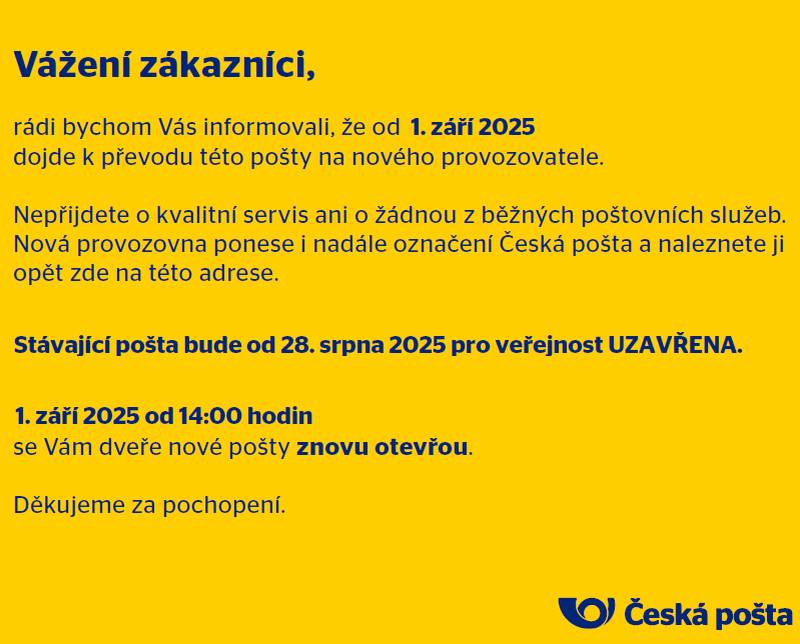 Od 1. září 2025 dojde k převodu pošty na nového provozovatele.