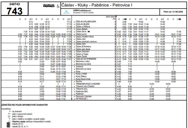 Změny: ranní školní spoj vyjíždí z obce už v 7:13, dočasně je zrušen odpolední spoj ve směru do Čáslavi s odjezdem ve 14:13 (měl by být při nejbližší změně jízdního řádu obnoven - chyba na straně PID, předpoklad od října 2025), ostatní autobusy beze změny.