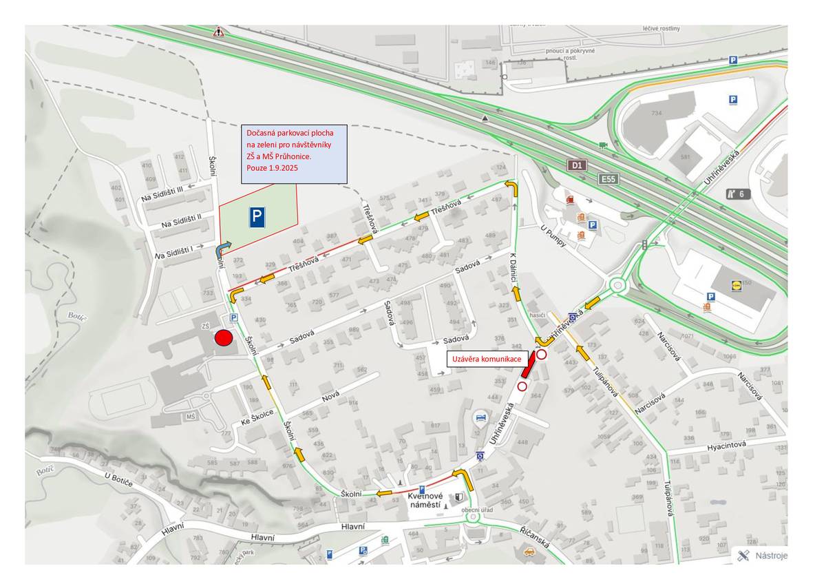 Upozornění pro občany Průhonic Ulice Uhříněveská zůstane po havárii úniku plynu uzavřena až do středy 4. 9. 2025. Důvodem je nutná oprava komunikace v celé šíři a vrstvách, přičemž o víkendu není možné pokládat asfalt kvůli uzavřeným obalovnám. Prosíme o zvýšenou opatrnost zejména v pondělí ráno 2. 9. 2025, kdy začíná školní rok a dopravní situace bude složitější. Budeme rádi za co nejméně aut u základní školy – zvažte, zda starší děti mohou dojít pěšky a není nutné je dovézt až před školu. Pro snazší orientaci přikládáme mapku s vyznačením tras, kudy je možné ke škole aktuálně přijet autem. Děkujeme za trpělivost a respektování pokynů pracovníků na místě. Petr Beneš, starosta obce Průhonice