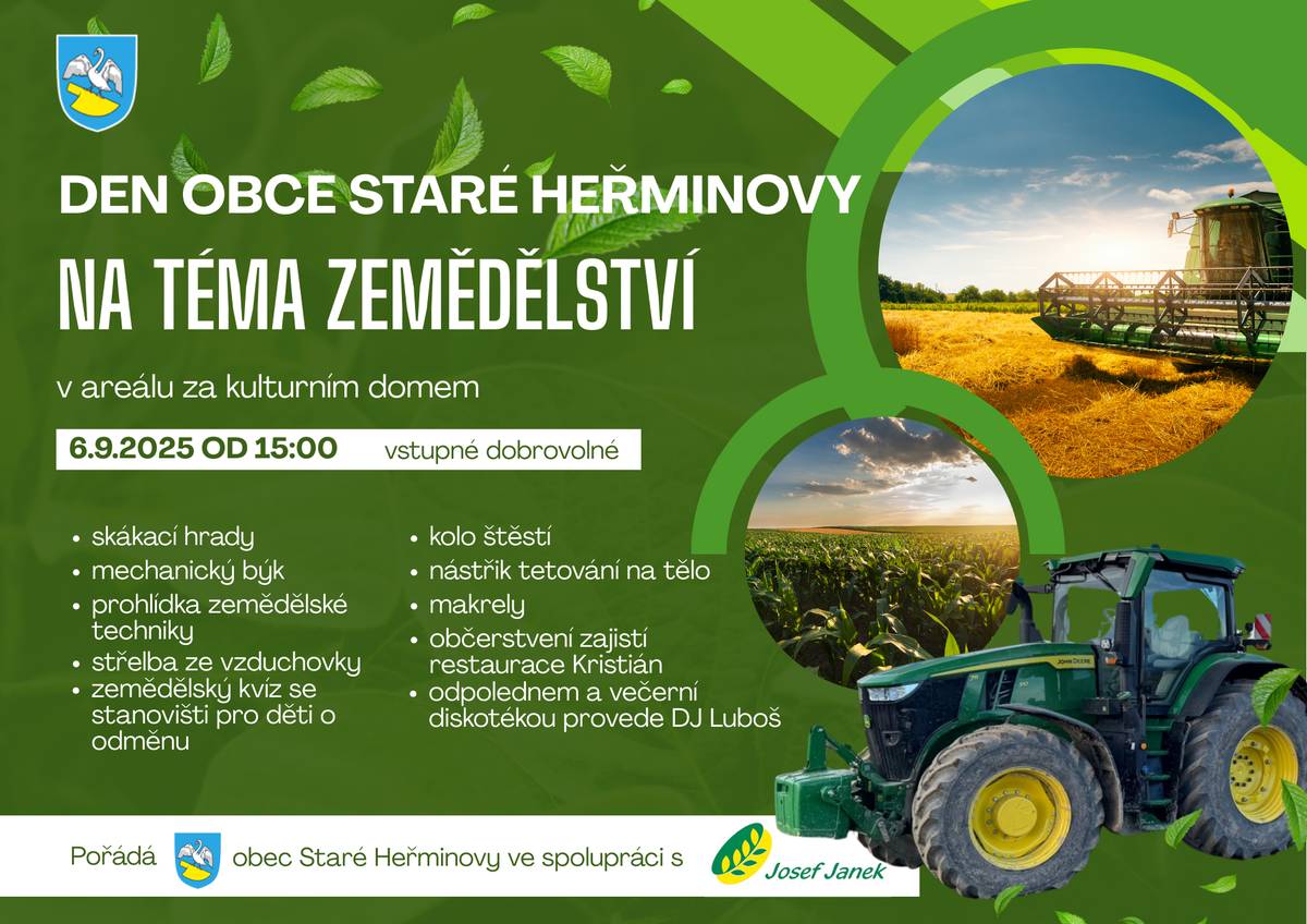 Vážení spoluobčané, přijměte srdečné pozvání na Den obce Staré Heřminovy, který se bude konat v sobotu 6.9.2025 od 15 hod. v areálu za kulturním domem. Občerstvení i program, letos se zemědělskou tématikou, zajištěn. Nezbývá než doufat v pěkné počasí a další pohodu si již vytvoříme sami. Těšíme se na Vás. Daniela Skotnicová