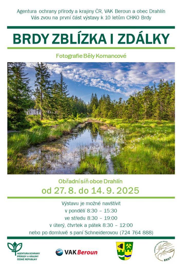 Agentura ochrany přírody a krajiny ČR, VAK Beroun a obec Drahlín Vás zvou na první část výstavy k 10 letům CHKO Brdy  Od 27.8. do 14.9.2025 v obřadní síni OÚ Drahlín, přízemí budovy č.p. 92