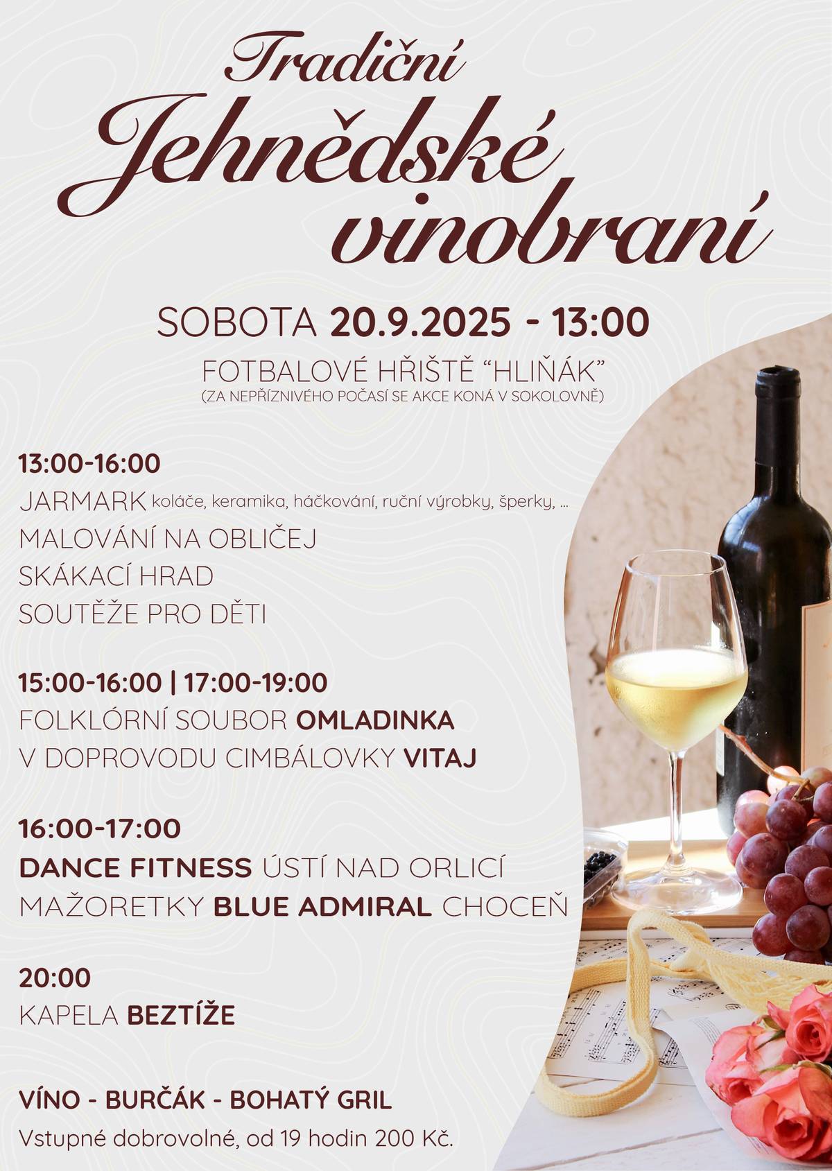 Zveme Vás na Jehnědské vinobraní, letos i se slováckou cimbálovkou a dalším doprovodným programem.