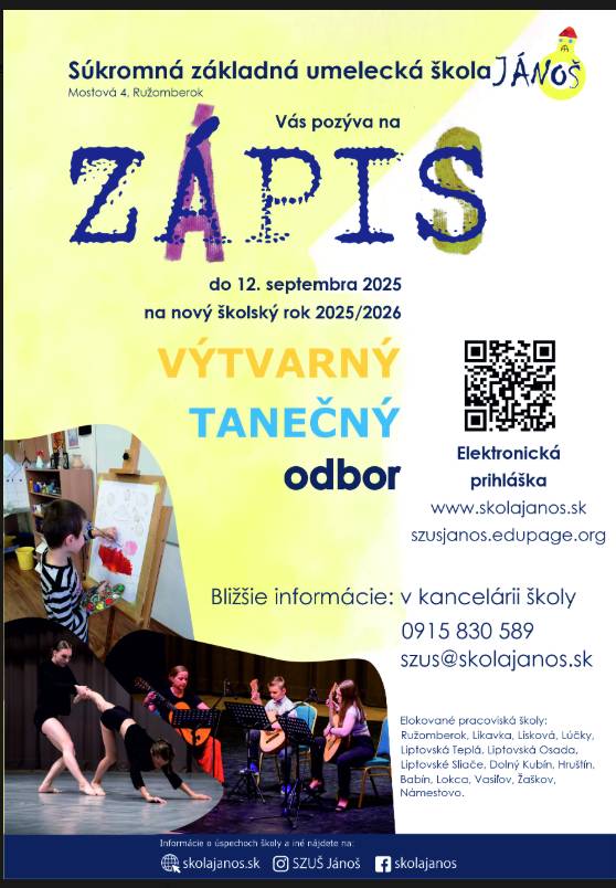 ZUŠ Jánoš Vás pozýva na zápis na výtvarný a tanečný odbor.