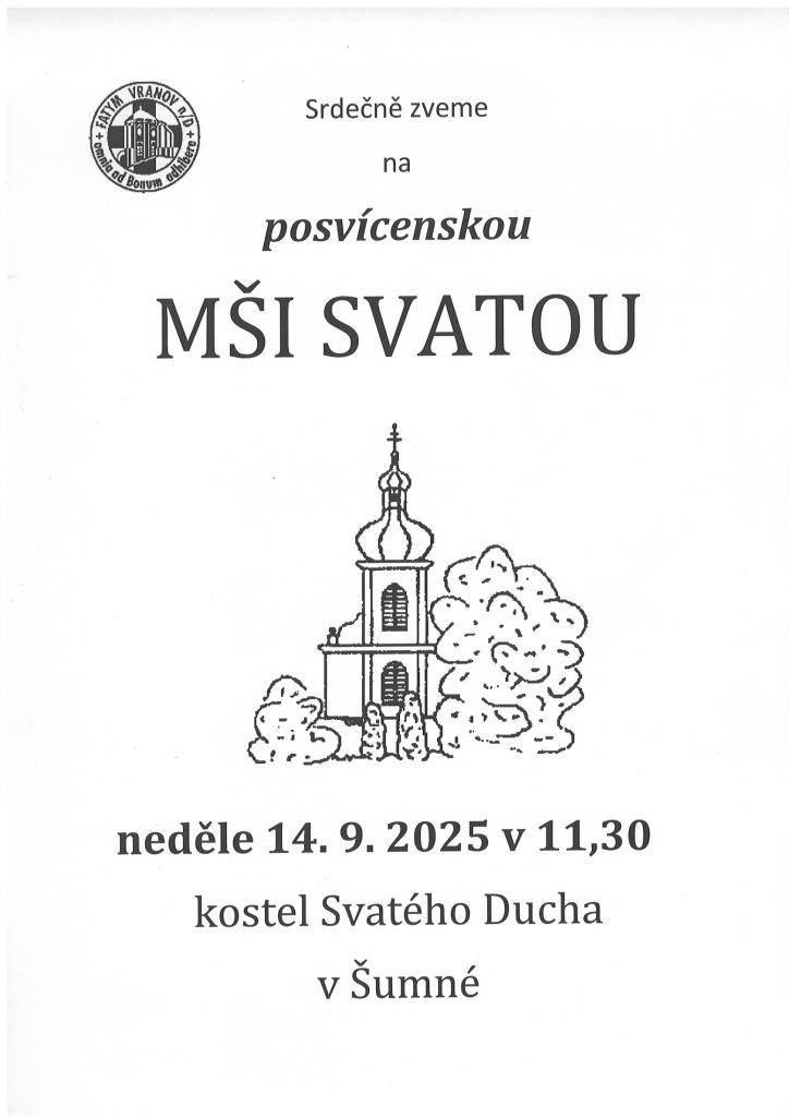 Pozvánka na posvícenskou mši v kostele Svatého ducha v Šumné  v neděli 14.9.2025 v 11.30 hod.
