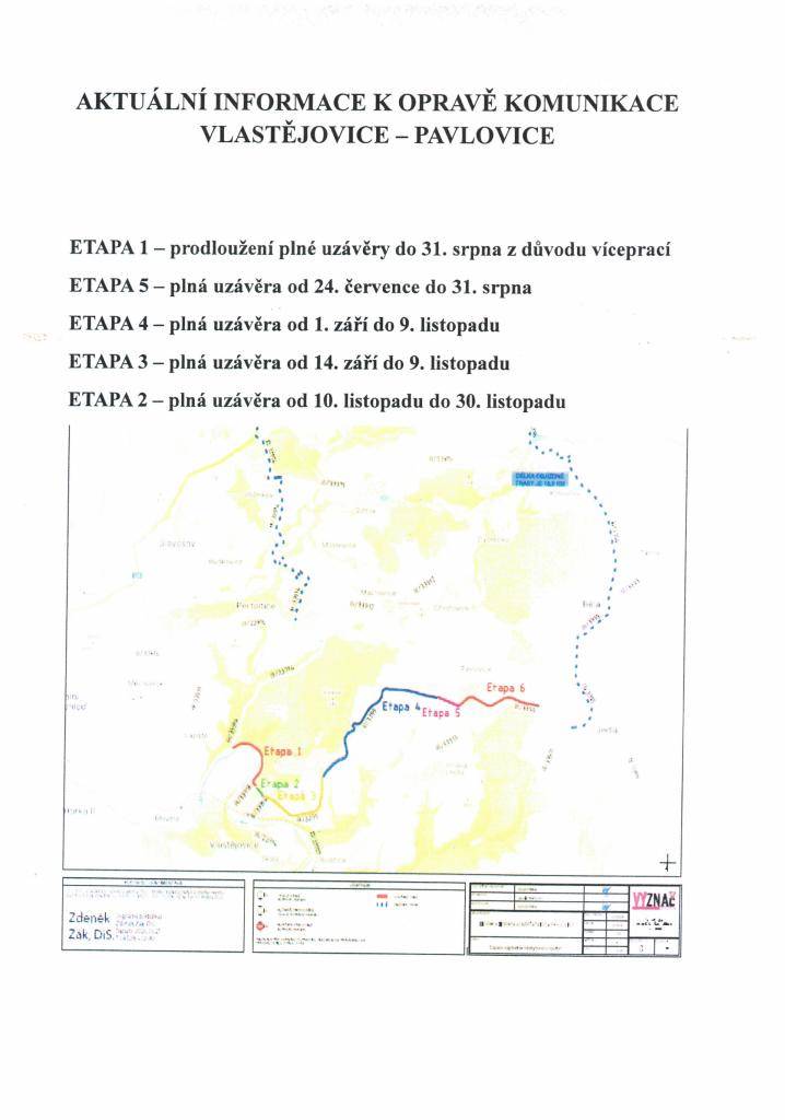 Aktuální informace k opravě komunikace Vlastějovice - Pavlovice